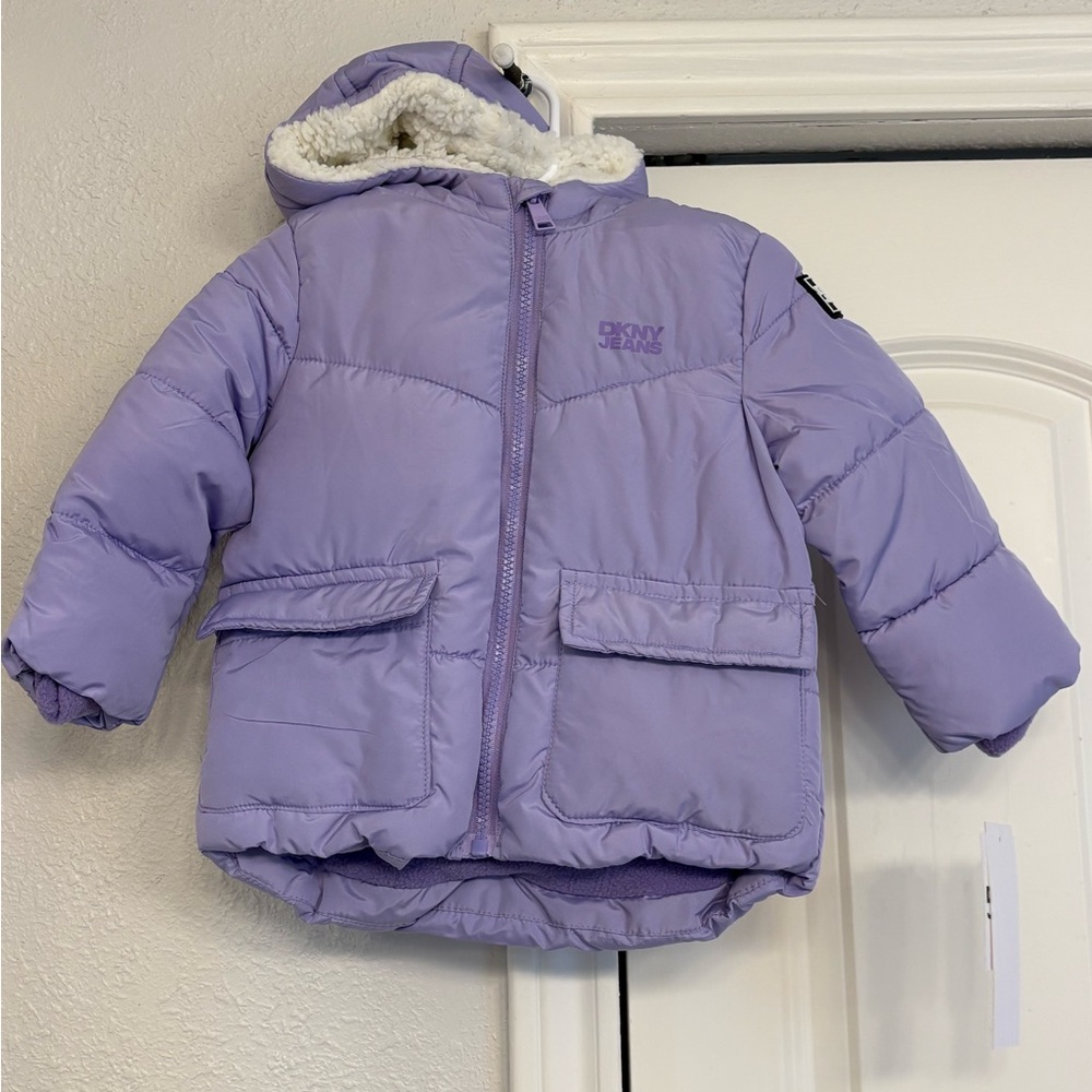 DKNY Lavender Purple Puffer Jacket with Faux Fur Lining